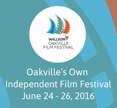 A blue and white poster with the words " oakville 's own independent film festival june 2 4-2 6, 2 0 1 6 ".